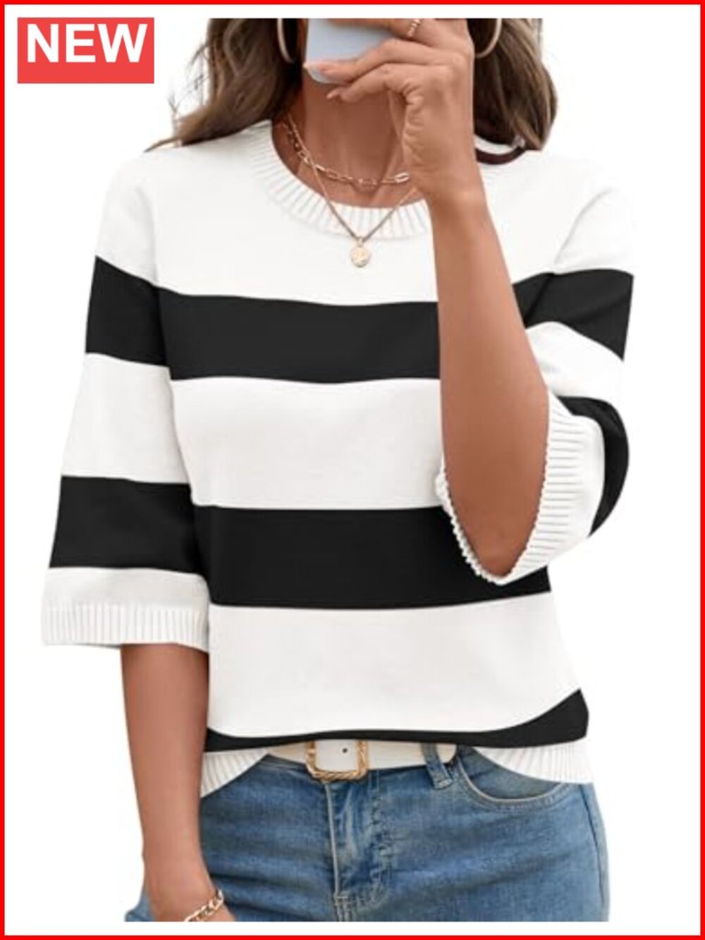 Womens Sweater 3/4 Sleeve Crew Neck Striped Lightweight Knit Pullover